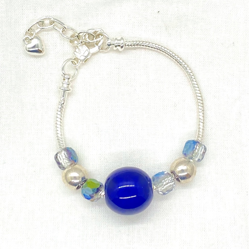 Blue & Silver Toned Beaded Silver Colored Snake Chain Bracelet